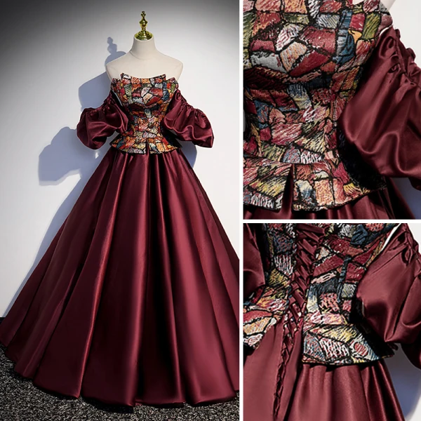 Vintage / Retro Burgundy Embroidered Formal Dresses 2022 Satin Off-The-Shoulder Puffy Short Sleeve Backless Floor-Length / Long Prom Dresses