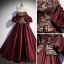 Vintage / Retro Burgundy Embroidered Formal Dresses 2022 Satin Off-The-Shoulder Puffy Short Sleeve Backless Floor-Length / Long Prom Dresses