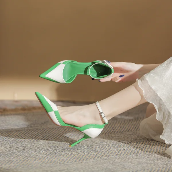 Fashion Two Tone Khaki Street Wear Womens Shoes 2022 8 cm Stiletto Heels Ankle Strap Pointed Toe Womens Shoes High Heels