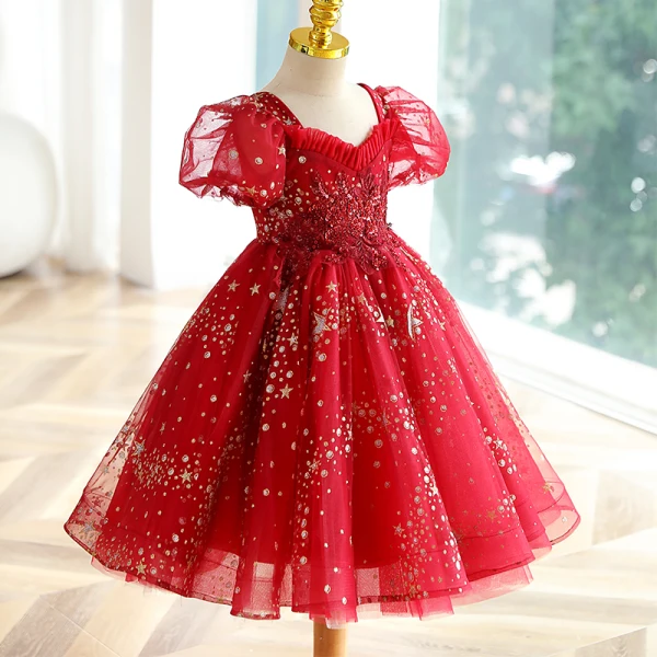 Chic / Beautiful Red Beading Star Sequins Lace Flower Birthday Flower Girl Dresses 2023 Ball Gown Square Neckline Short Sleeve Backless Floor-Length / Long Flower Girl Dresses