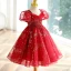 Chic / Beautiful Red Beading Star Sequins Lace Flower Birthday Flower Girl Dresses 2023 Ball Gown Square Neckline Short Sleeve Backless Floor-Length / Long Flower Girl Dresses