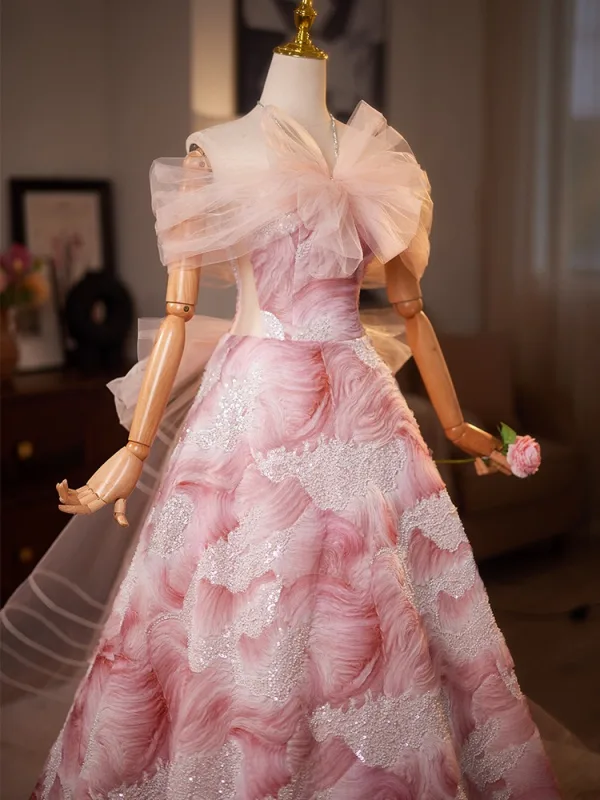 Fashion Blushing Pink Bow Printing Prom Dresses 2025 Ball Gown Off-The-Shoulder Short Sleeve Backless Floor-Length / Long Prom Formal Dresses