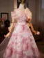 Fashion Blushing Pink Bow Printing Prom Dresses 2025 Ball Gown Off-The-Shoulder Short Sleeve Backless Floor-Length / Long Prom Formal Dresses