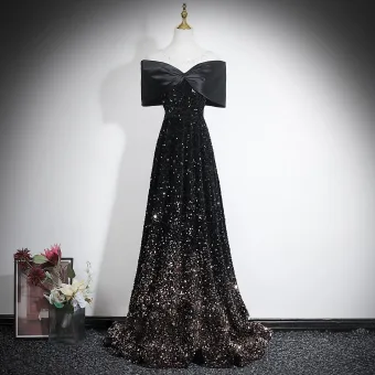 Sparkly Black Gold Sequins Evening Dresses 2026 A Line Princess Off The Shoulder Short Sleeve Backless