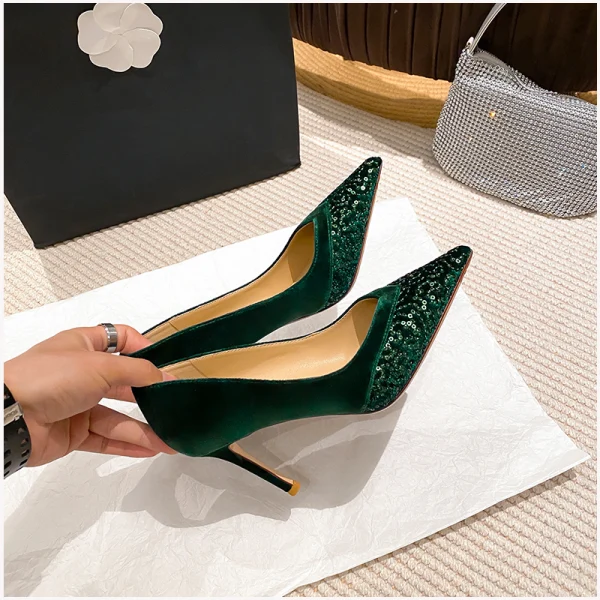 Fashion Nude Evening Party Suede Sequins Pumps 2023 Leather 8 cm Stiletto Heels Pointed Toe Pumps High Heels
