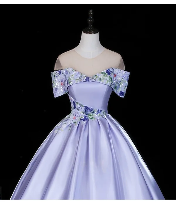 Elegant Lavender Beading Sequins Satin Prom Dresses 2026 Ball Gown Off-The-Shoulder Short Sleeve Backless