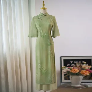 Chiński Styl Szałwia Zielony Druk Długość Herbaty Cheongsam 2024 Syrena Rozkloszowane Wysokiej Szyi Kótkie Rękawy