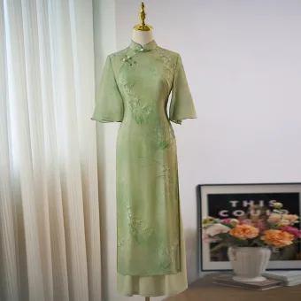 Chinese Style Sage Green Printing Tea Length Cheongsam 2024 Trumpet Mermaid High Neck Short Sleeve