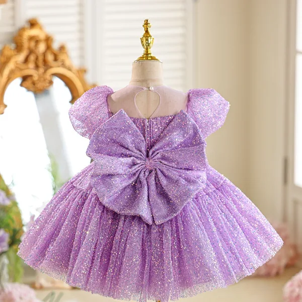 Bling Bling Sky Blue Sequins Birthday Short Flower Girl Dresses 2025 Ball Gown Scoop Neck Puffy Short Sleeve Tulle