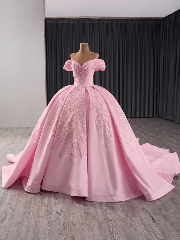 Schön Rosa Handgefertigt Strass Pailletten Brautkleider / Hochzeitskleider 2024 Ballkleid Off Shoulder Kurze Ärmel Rückenfreies Kapelle-Schleppe Hochzeit