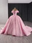 Schön Rosa Handgefertigt Strass Pailletten Brautkleider / Hochzeitskleider 2024 Ballkleid Off Shoulder Kurze Ärmel Rückenfreies Kapelle-Schleppe Hochzeit