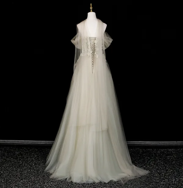 Chic / Belle Vert Cendré Perlage Paillettes Appliques Robe De Bal 2026 Princesse De l'épaule Manches Courtes Dos Nu Longue Robe De Ceremonie