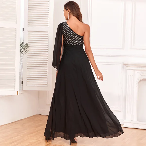 Chic / Beautiful Black Sequins Split Front Evening Dresses 2024 A-Line / Princess Zipper Up at Side One-Shoulder Sleeveless Backless Floor-Length / Long Prom Formal Dresses