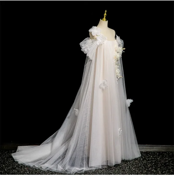 Charmant Blanche Appliques Robe De Bal 2025 Princesse Bretelles Spaghetti Manches Courtes Dos Nu Longue Robe De Ceremonie