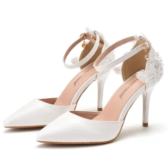 Élégant Blanche Faux Diamant En Dentelle Fleur Chaussure De Mariée 2023 Bride Cheville 9 Cm Talons Aiguilles À Bout Pointu Mariage Sandales Talons Hauts