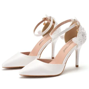 Elegante Weiß Strass Spitze Blumen Brautschuhe 2023 Knöchelriemen 9 Cm Stilettos Spitzschuh Hochzeit Sandaletten Hochhackige