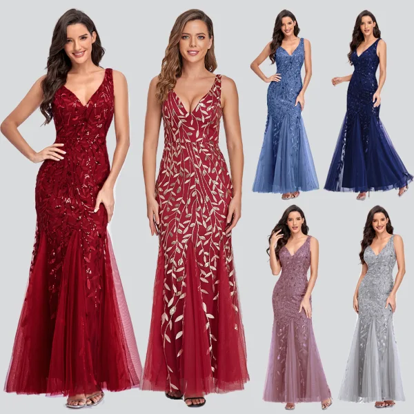 Chic / Beautiful Burgundy Sequins Evening Dresses 2023 Trumpet / Mermaid V-Neck Sleeveless Backless Floor-Length / Long Evening Party Formal Dresses
