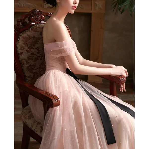 Fashion Blushing Pink Pearl Evening Dresses  2022 A-Line / Princess Off-The-Shoulder Bow Short Sleeve Backless Floor-Length / Long Evening Party Formal Dresses
