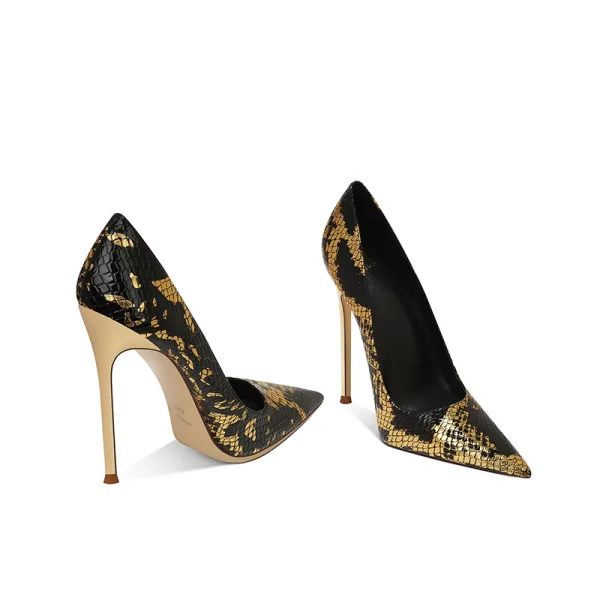 Mode Zwarte Goud Avond Slangenprint Pumps 2025 10 cm Naaldhakken / Stiletto Spitse Neus Pumps Hoge Hakken