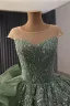 Vintage / Retro Sage Green Handmade  Beading Pearl Sequins Prom Dresses 2026 Ball Gown Scoop Neck Cap Sleeves Backless Sweep Train Formal Dresses