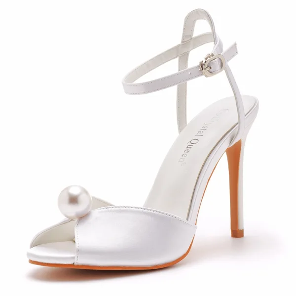 Sexy White Pearl Ankle Strap Evening Party Womens Sandals 2023 10 cm Stiletto Heels Open / Peep Toe Sandals High Heels