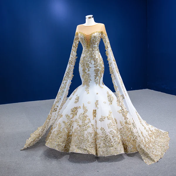 Luxury / Gorgeous High-end Gold Beading Rhinestone Sequins Wedding Dresses 2022 Trumpet / Mermaid Scoop Neck Long Sleeve Floor-Length / Long Wedding