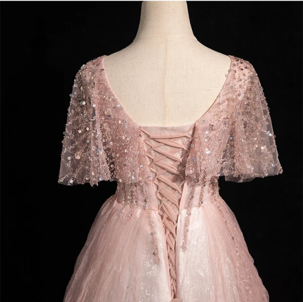 Bling Bling Dusky Pink Beading Sequins Prom Dresses 2024 A-Line / Princess V-Neck Short Sleeve Backless Floor-Length / Long Prom Formal Dresses