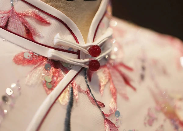 Chiński Styl Rumieniąc Różowy Cekiny Druk Wieczorowe Cheongsam 2024 Syrena / Rozkloszowane Wysokiej Szyi Kótkie Rękawy Długość Herbaty