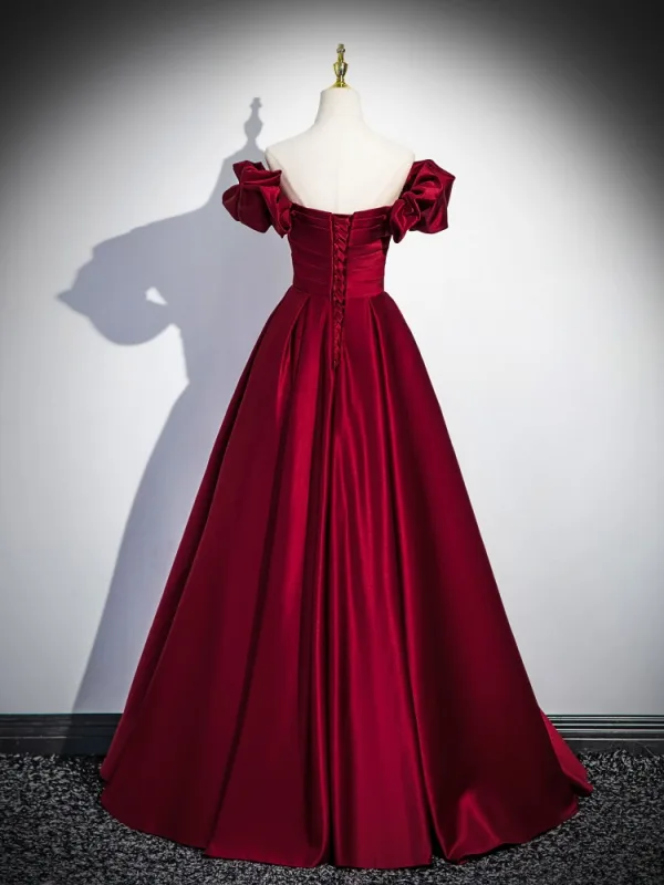 Elegant Burgundy Satin Prom Dresses 2025 A-Line / Princess Off-The-Shoulder Puffy Short Sleeve Backless Floor-Length / Long Prom Formal Dresses