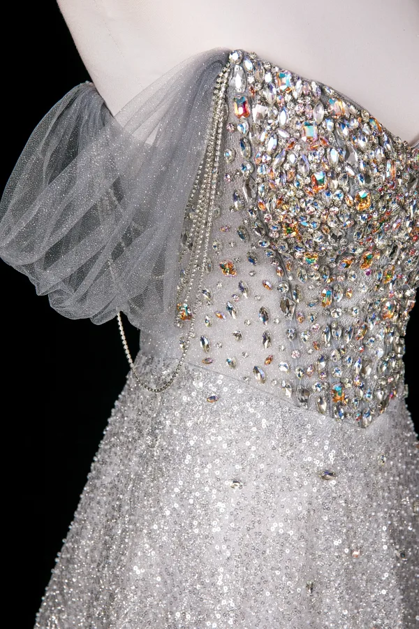 Charmant Glitzernden Silber Strass Pailletten Ballkleider 2025 A Linie Off Shoulder Kurze Ärmel Rückenfreies Lange Festliche Kleider