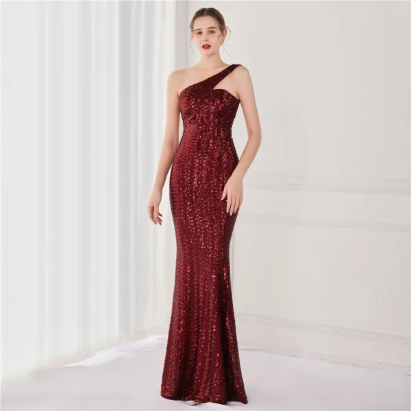 Sparkly Beige Sequins Evening Dresses 2022 A-Line / Princess One-Shoulder Sleeveless Backless Floor-Length / Long Evening Party Formal Dresses