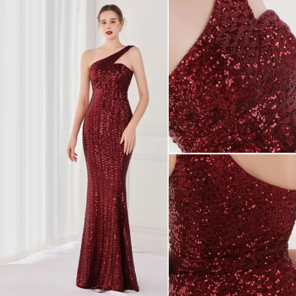 Sparkly Beige Sequins Evening Dresses 2022 A-Line / Princess One-Shoulder Sleeveless Backless Floor-Length / Long Evening Party Formal Dresses