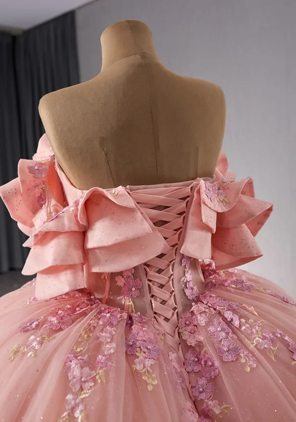 Flower Fairy Luxury / Gorgeous Blushing Pink Pearl Lace Flower Prom Dresses 2024 Ball Gown Off-The-Shoulder Short Sleeve Backless Chapel Train Prom Formal Dresses