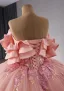 Flower Fairy Luxury / Gorgeous Blushing Pink Pearl Lace Flower Prom Dresses 2024 Ball Gown Off-The-Shoulder Short Sleeve Backless Chapel Train Prom Formal Dresses