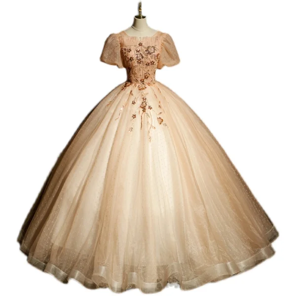 Classy Champagne Beading Sequins Prom Dresses 2023 Ball Gown Scoop Neck Short Sleeve Backless Floor-Length / Long Prom Formal Dresses