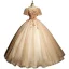 Classy Champagne Beading Sequins Prom Dresses 2023 Ball Gown Scoop Neck Short Sleeve Backless Floor-Length / Long Prom Formal Dresses