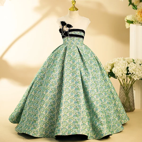 Elegant Sage Green Floral Birthday Flower Girl Dresses 2024 Ball Gown Strapless Bow Rhinestone Short Sleeve Backless Floor-Length / Long