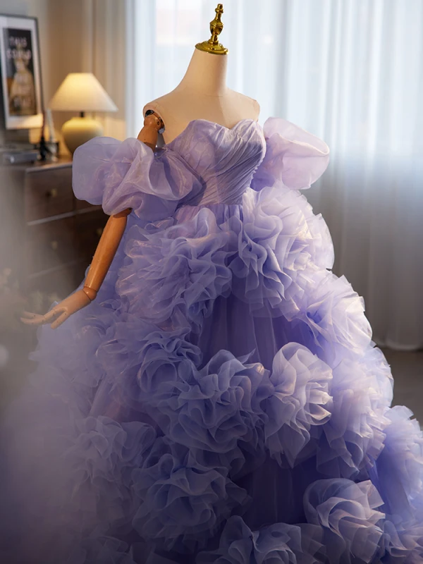 Fashion Lavender Ruffle Prom Dresses 2024 Ball Gown Strapless Puffy Short Sleeve Backless Sweep Train Prom Formal Dresses