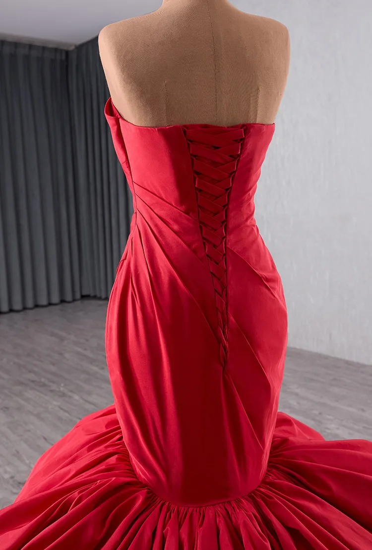 High End Red Cascading Ruffles Prom Dresses 2025 Trumpet Mermaid Strapless  Bow Sleeveless Backless Sweep Train Prom Formal Dresses