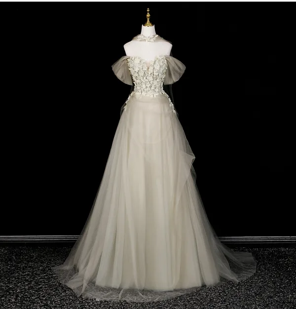 Chic / Belle Vert Cendré Perlage Paillettes Appliques Robe De Bal 2026 Princesse De l'épaule Manches Courtes Dos Nu Longue Robe De Ceremonie
