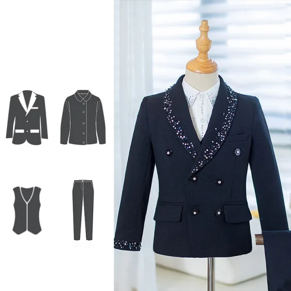 Bleu Marine Paillettes 4 pièces Manches Longues Costume Garçon Mariage 2025 Manteau Pantalon Chemise Gilet Mariage