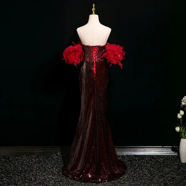 Sexy Bling Bling Burgundy Sequins Evening Dresses 2025 Trumpet / Mermaid Strapless Sleeveless Backless Floor-Length / Long Evening Party Formal Dresses