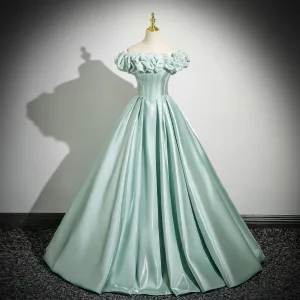 Élégant Vert Citron Satin Robe De Bal Robe Boule 2025 De L Épaule Manches Courtes Dos Nu Longue Robe De Ceremonie