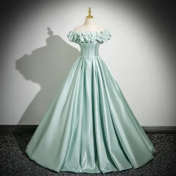 Elegant Mint Green Satin Prom Dresses Ball Gown 2025 Off The Shoulder Short Sleeve Backless Floor Length Long Formal Dresses