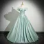 Elegant Mint Green Satin Prom Dresses Ball Gown 2025 Off-The-Shoulder Short Sleeve Backless Floor-Length / Long Formal Dresses