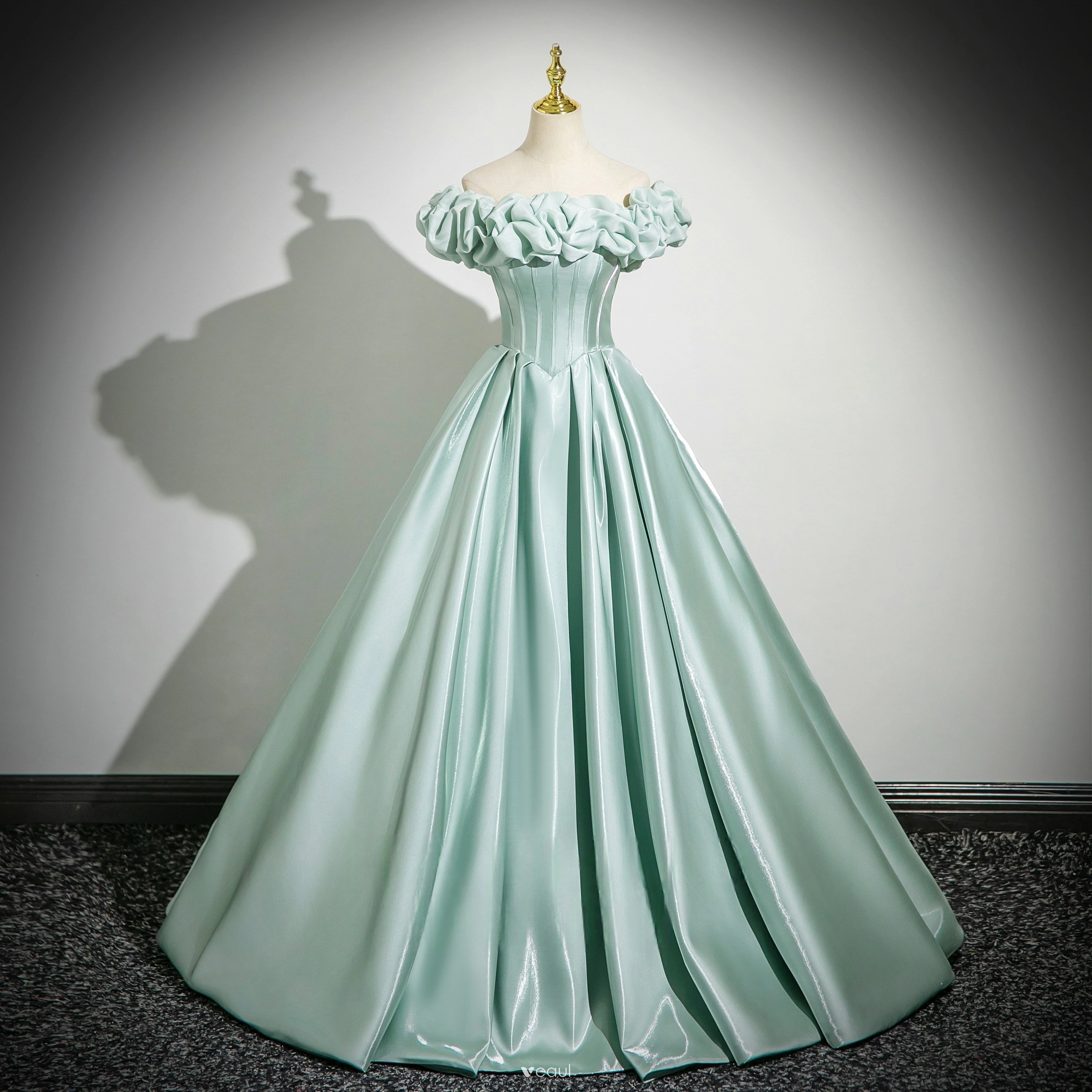 Elegant Mint Green Satin Prom Dresses Ball Gown 2025 Off-The-Shoulder Short Sleeve Long