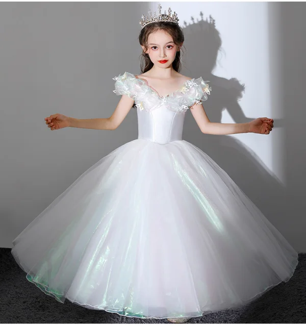 Cinderella White Butterfly Appliques Prom Flower Girl Dresses 2022 Ball Gown V-Neck Short Sleeve Backless Floor-Length / Long Flower Girl Dresses