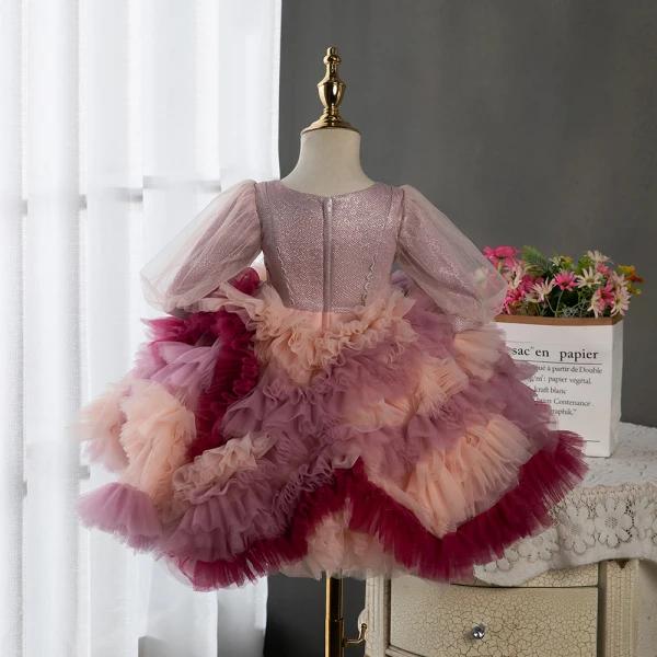 Chic / Beautiful Multi-Colors Lace Flower Appliques Cascading Ruffles Short Flower Girl Dresses 2024 Ball Gown Birthday Scoop Neck Short Sleeve