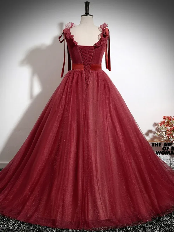 Chic / Beautiful Burgundy Floor-Length / Long Prom Dresses 2024 Ball Gown V-Neck Sleeveless Backless Prom Formal Dresses