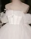 Elegant White Pearl Birthday Flower Girl Dresses 2024 Ball Gown Scoop Neck Short Sleeve Backless Floor-Length / Long Tulle